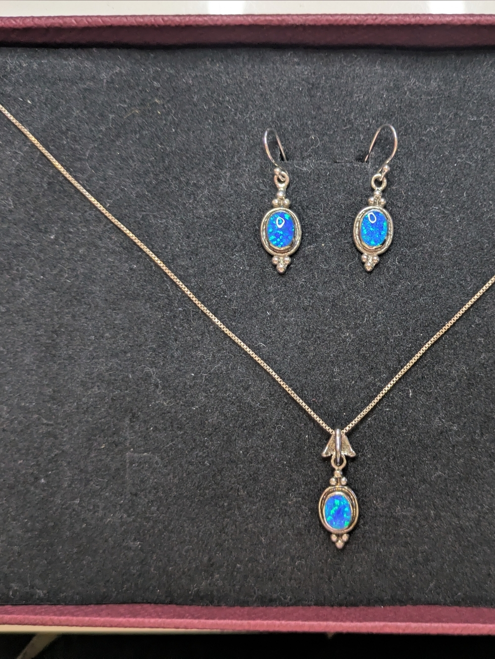 La'celet Jewelry Gallery Women's Silver Blue Opal Pendant Necklace with Earrings